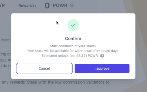 PowerLedger dashboard - dialog to confirm unstake and start cooldown period