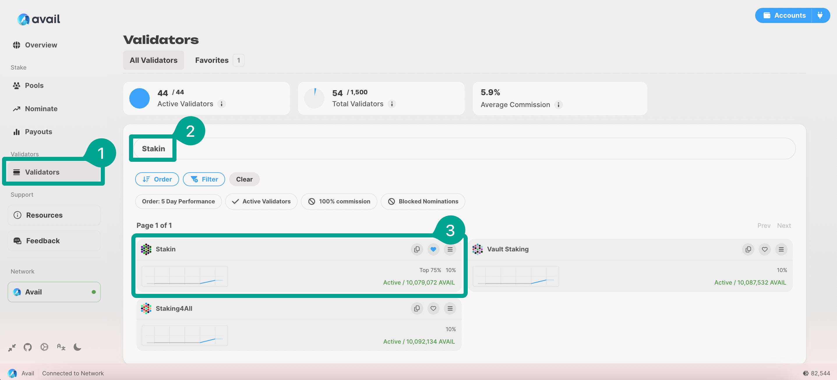 How to search for Avail validator on Avail Tools staking interface