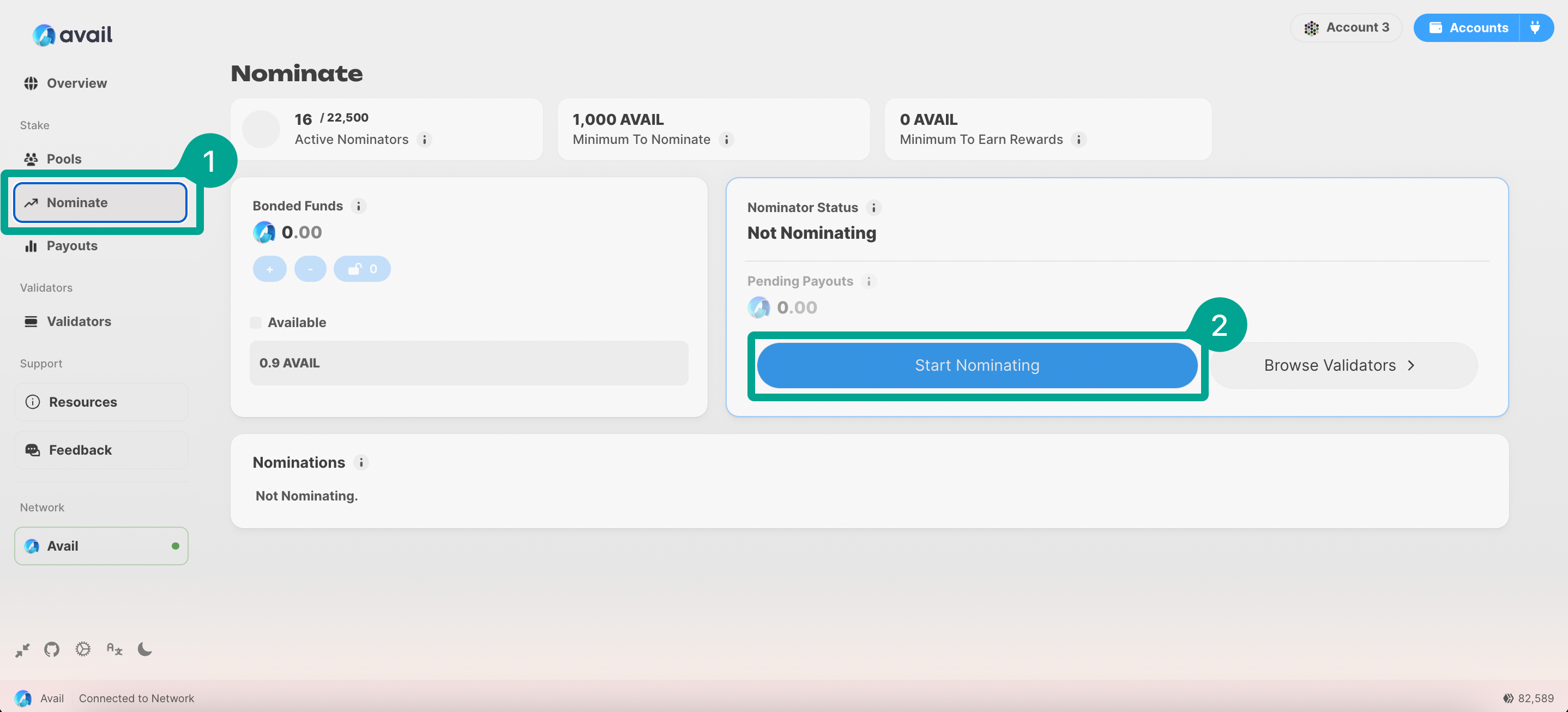How to Select Nominate on Avail staking interface and Start Nominating