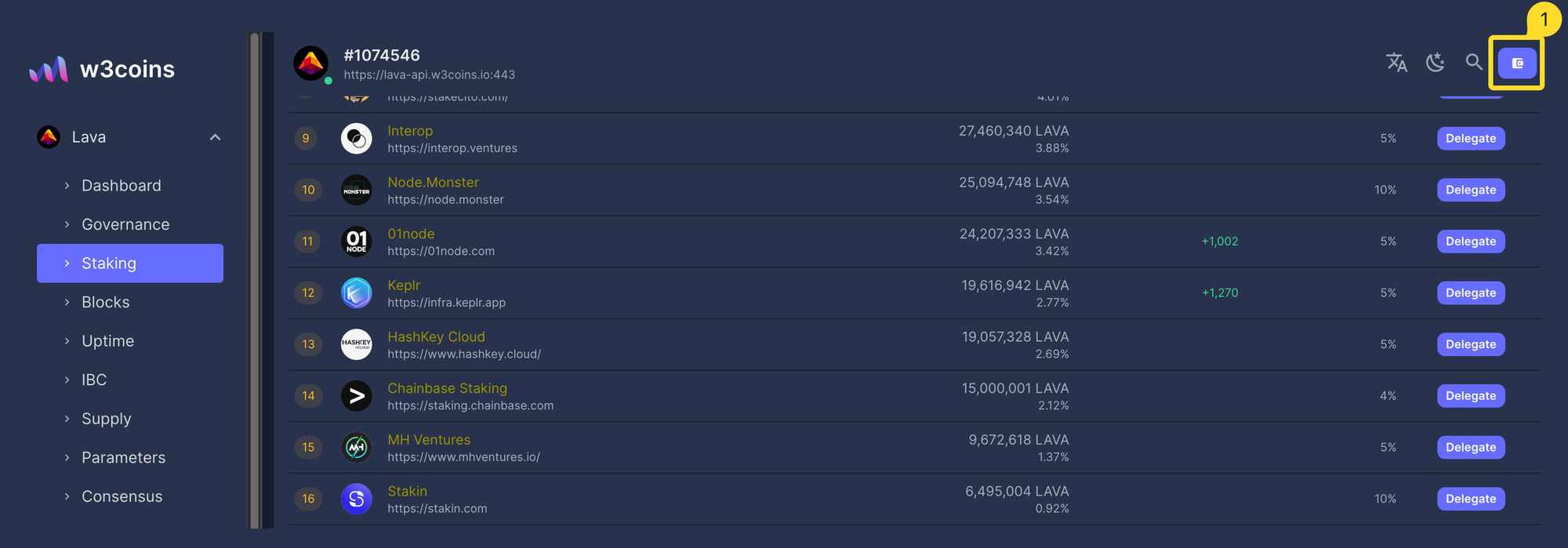 Lava network explorer with staking interface where you can connect your wallet via Keplr