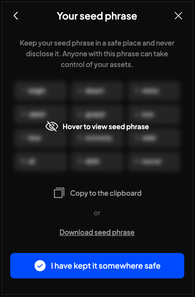 SubWallet seedphrase overview. Do not show your seedphrase to anybody, keep it safe.