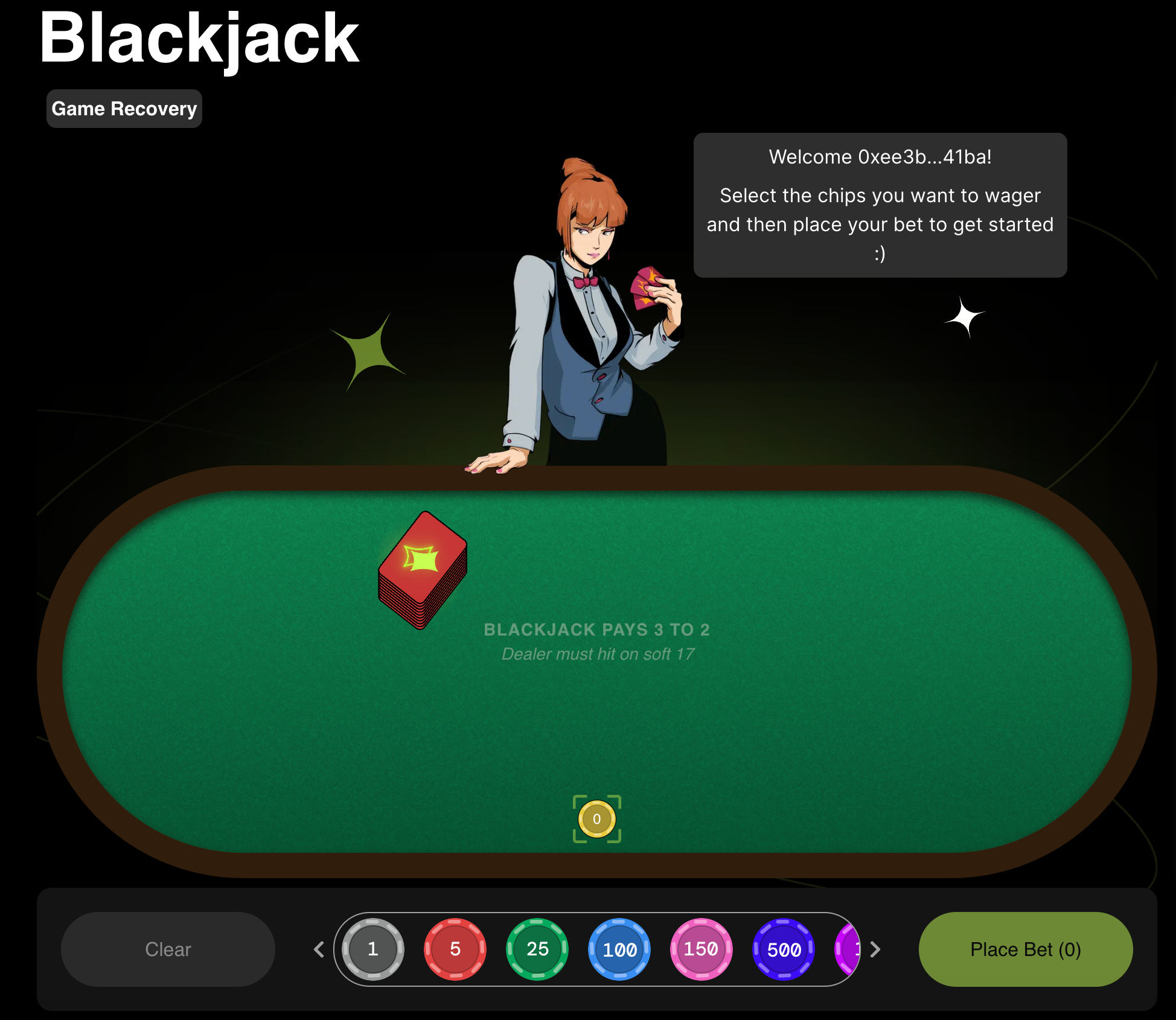 DoubleUp - Blackjack game user interface - SUI blockchain gaming