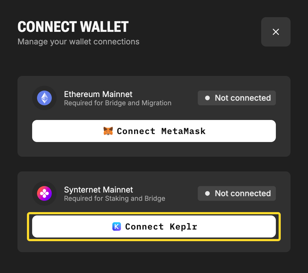 Connect Keplr wallet for staking SYNT tokens