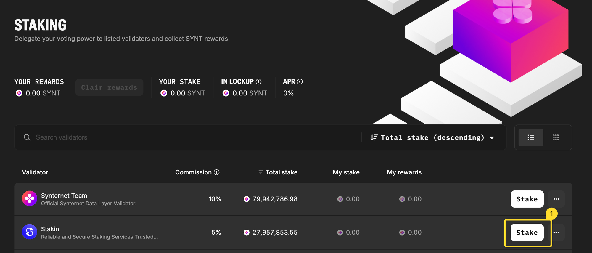 Choose validator for staking SYNT tokens