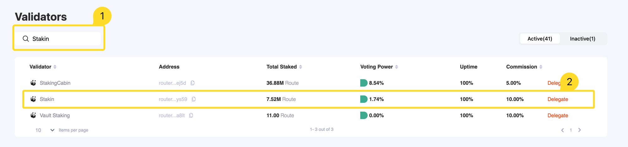 Delegate ROUTE to Stakin Validator