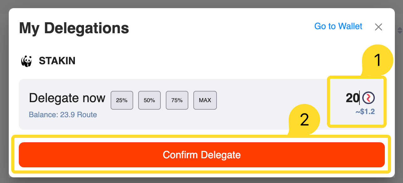 Confirm Delegation of ROUTE with Stakin