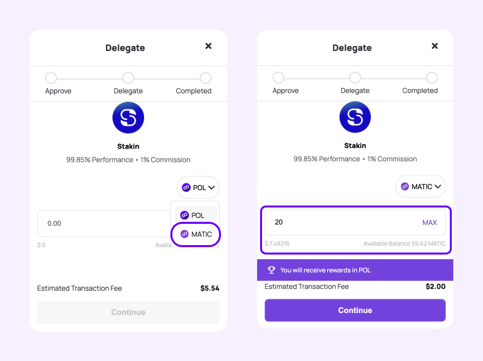 Click the dropdown and select “MATIC”, and now you can enter the amount of $MATIC you’d like to delegate.