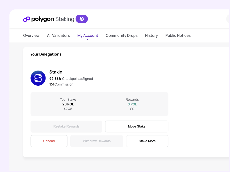 On Polygon Staking platform, your Delegations are listed on the "My Account" page