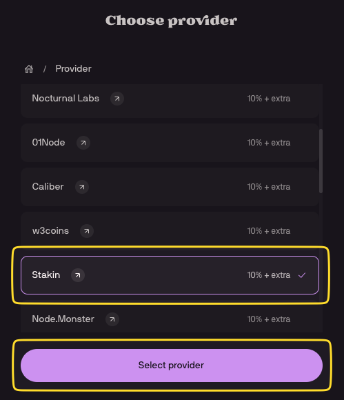 Selecting Stakin from the providers list