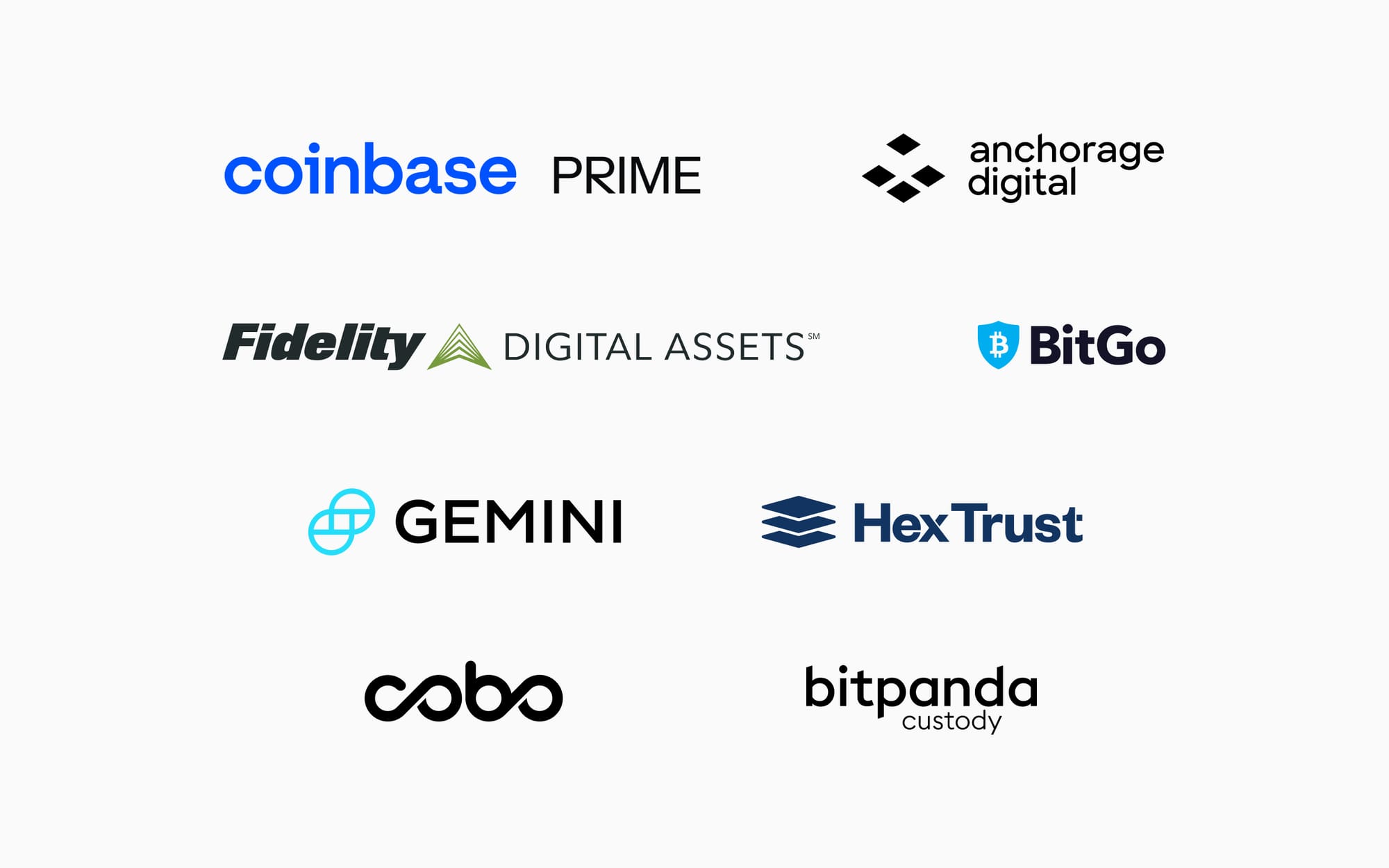 Regulated Custodians: Coinbase Prime, Anchorage Digital, Fidelity Digital Assets, BitGo, Gemini Custody, Hex Trust, Cobo, Bitpanda Custody